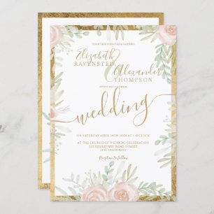 Spring Pink floral gold border chic white wedding Invitation