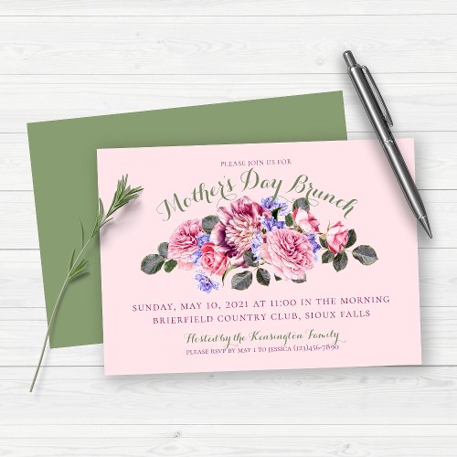 Spring Pink Floral Mothers Day Brunch  Sage Green Invitation