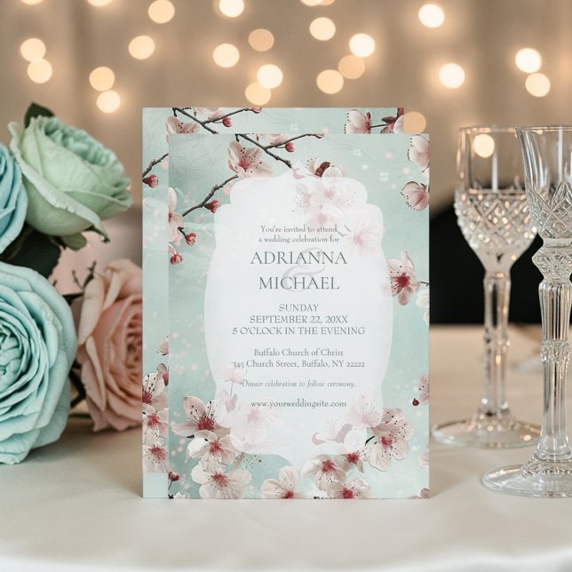 Spring Pink Floral on Teal Wedding Invitation (Creator Uploaded)