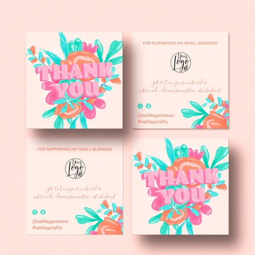 Spring pink floral retro script order thank you square business card