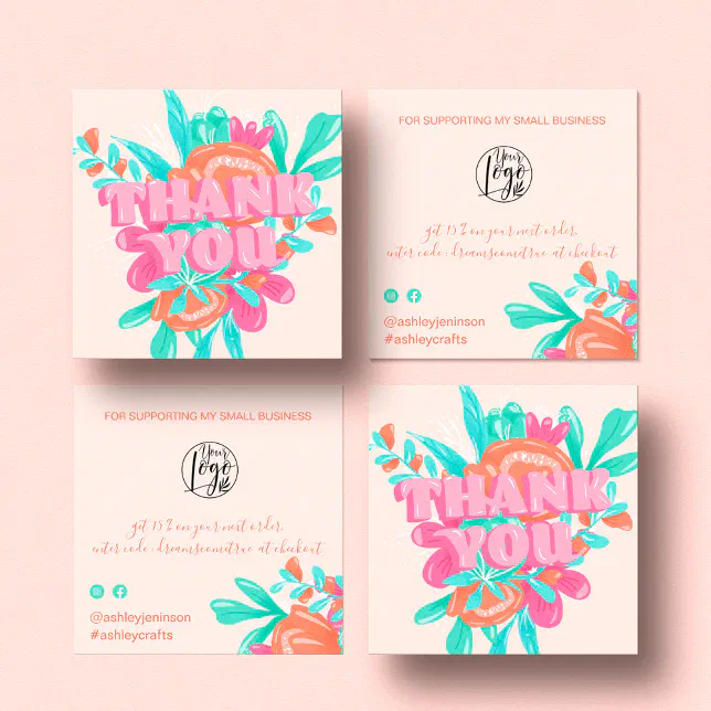 Spring pink floral retro script order thank you square business card ...
