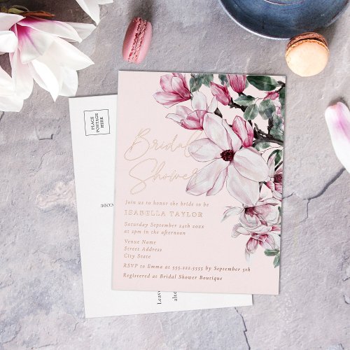 Spring Pink Floral Rose Gold Bridal Shower Foil Invitation Postcard