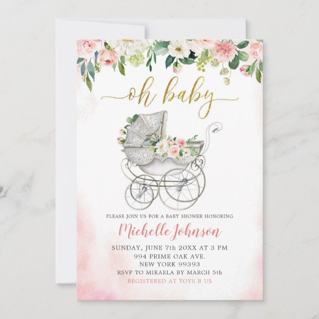 Spring Pink Floral Stroller Baby Shower Invitation (Front)