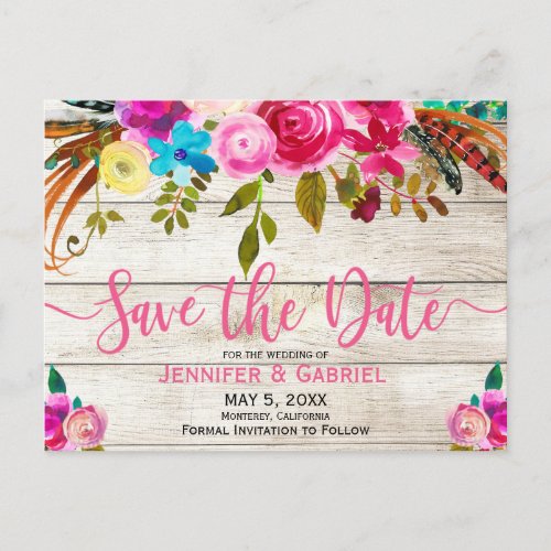 Spring Pink Floral Wood Typography Save the Date Announcement Postcard