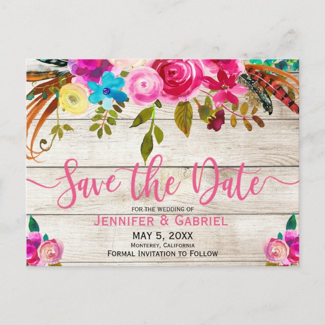 Spring Pink Floral Wood Typography Save the Date Announcement Postcard (Front)