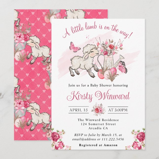Spring Pink Flowers and Cute Lamb Baby Shower Invitation (Front/Back)