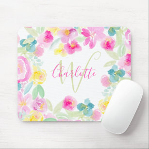 Spring pink green loose floral chic girly monogram mouse pad