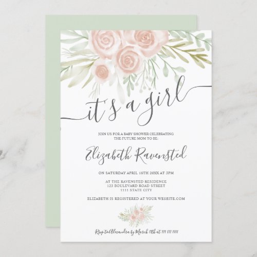 Spring pink greenery floral watercolor baby shower invitation