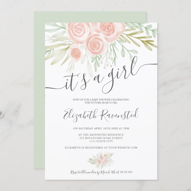 Spring pink greenery floral watercolor baby shower invitation (Front/Back)