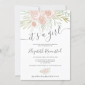 Spring pink greenery floral watercolor baby shower invitation (Front)