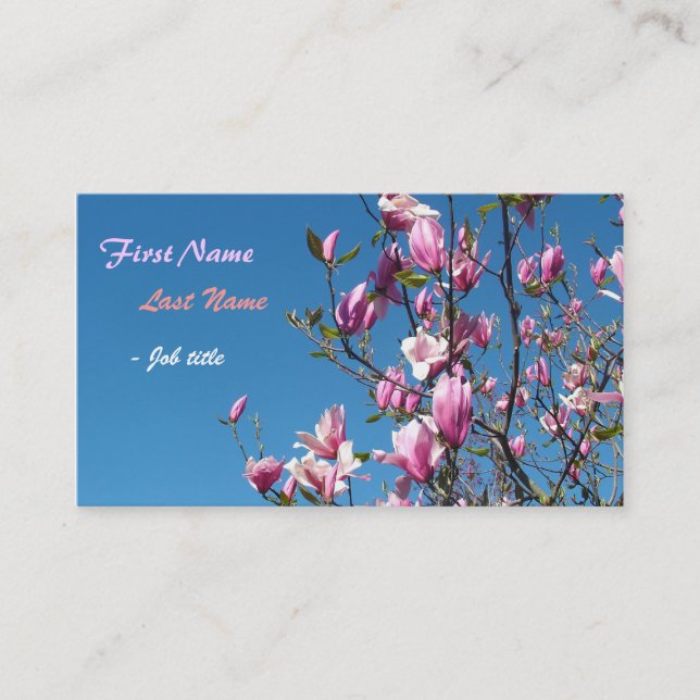 Spring pink magnolia flowers in blue sky business card (Front)
