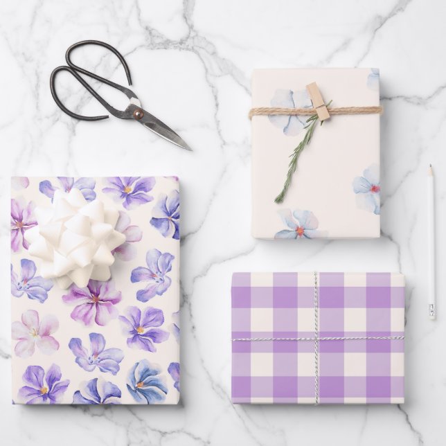 Spring Pink & Purple Floral Wrapping Paper Sheets (Front)