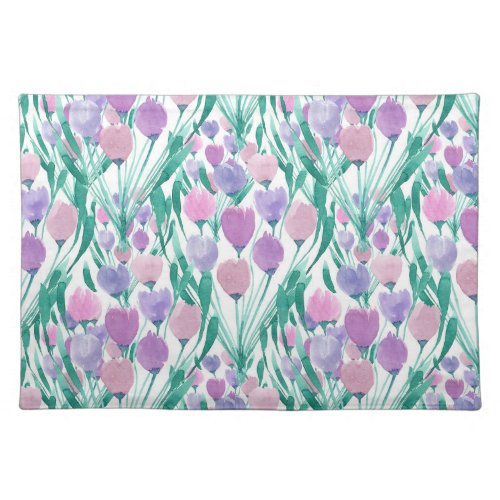 Spring Pink Purple Tulip Floral Watercolor Cloth Placemat