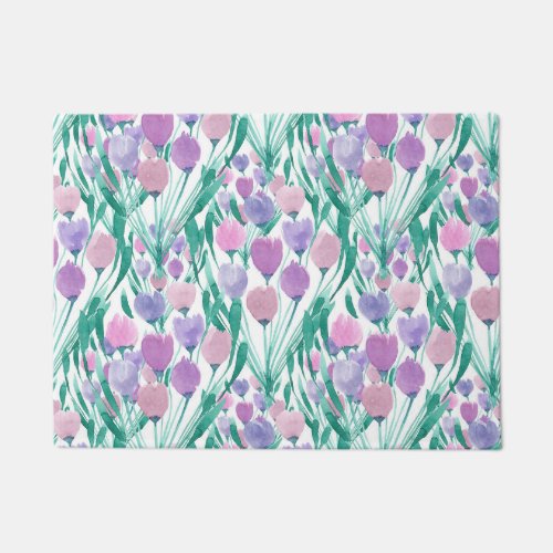 Spring Pink Purple Tulip Floral Watercolor Doormat