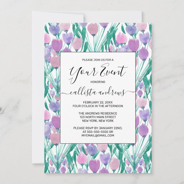 Spring Pink Purple Tulip Floral Watercolor Invitation (Front)