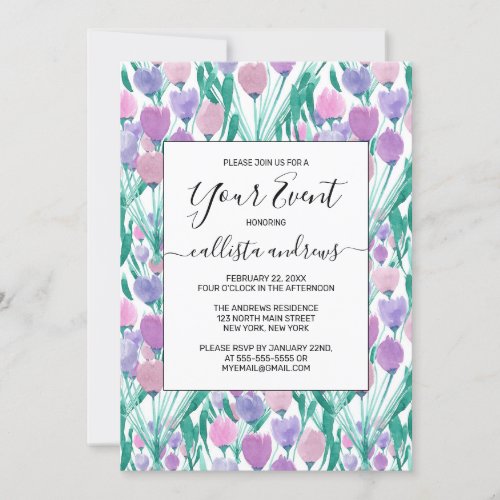 Spring Pink Purple Tulip Floral Watercolor Invitation