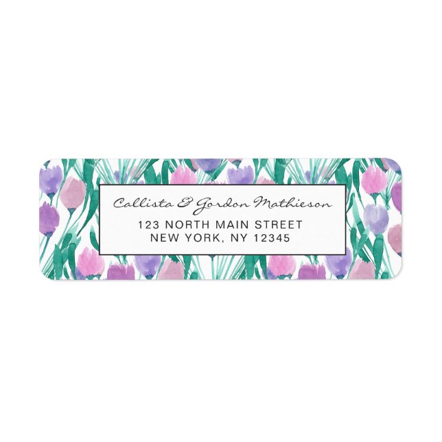 Spring Pink Purple Tulip Floral Watercolor Label (Front)