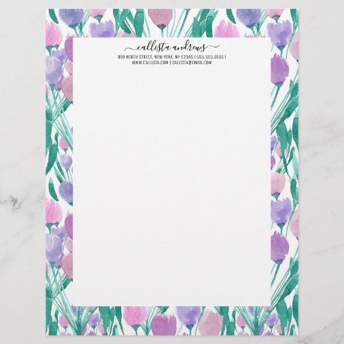 Spring Pink Purple Tulip Floral Watercolor Letterhead