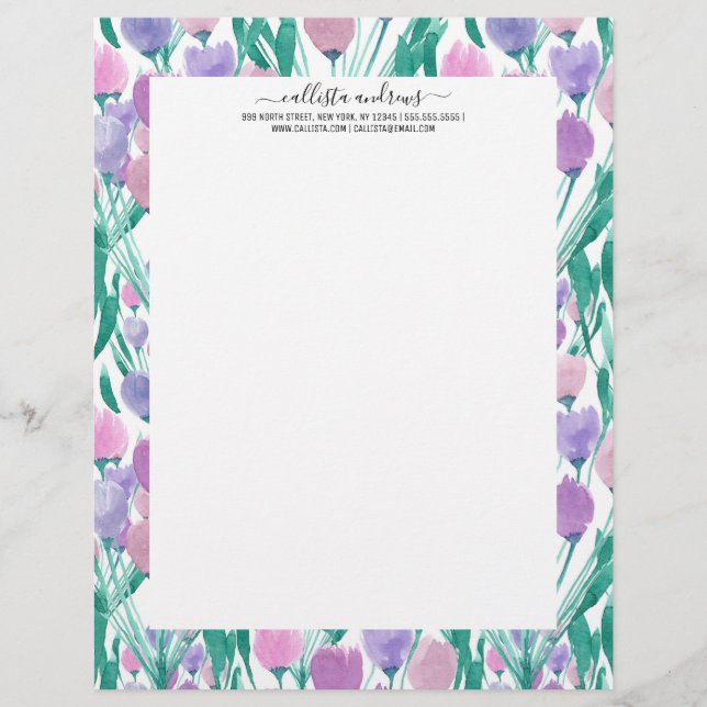Spring Pink Purple Tulip Floral Watercolor Letterhead (Front)
