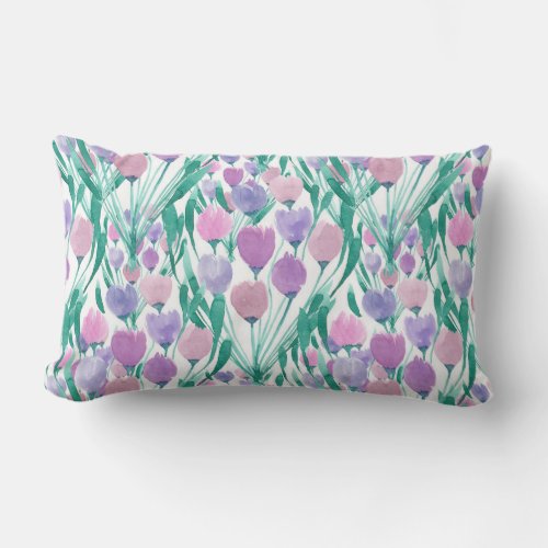 Spring Pink Purple Tulip Floral Watercolor Lumbar Pillow