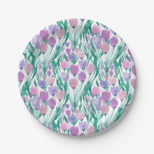 Spring Pink Purple Tulip Floral Watercolor Paper Plates