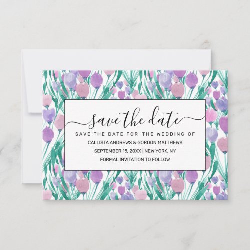 Spring Pink Purple Tulip Floral Watercolor Save The Date