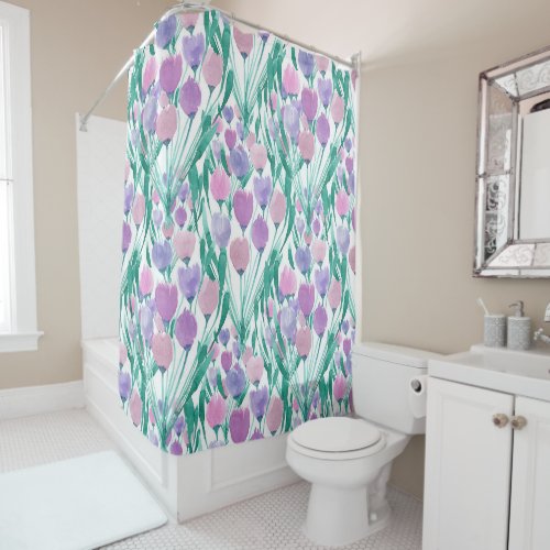 Spring Pink Purple Tulip Floral Watercolor Shower Curtain