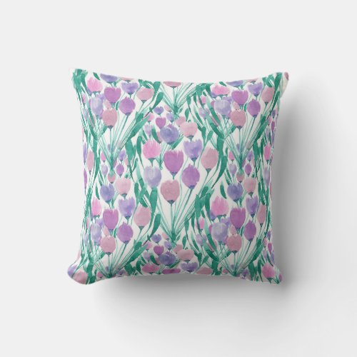 Spring Pink Purple Tulip Floral Watercolor Throw Pillow