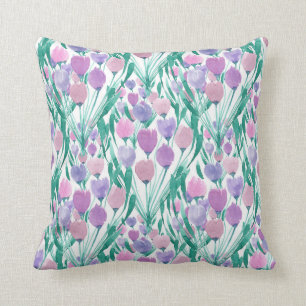 Spring Pink Purple Tulip Floral Watercolor Throw Pillow