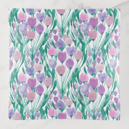 Spring Pink Purple Tulip Floral Watercolor Trinket Tray