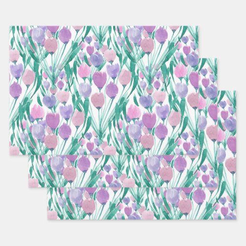 Spring Pink Purple Tulip Floral Watercolor Wrapping Paper Sheets