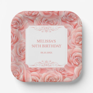 Spring Pink Roses Blossom Floral Birthday  Paper Plates