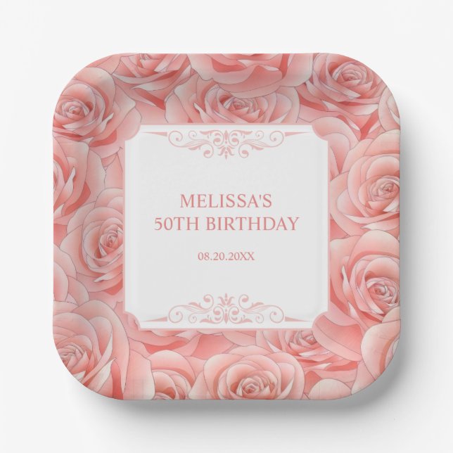 Spring Pink Roses Blossom Floral Birthday  Paper Plates (Front)