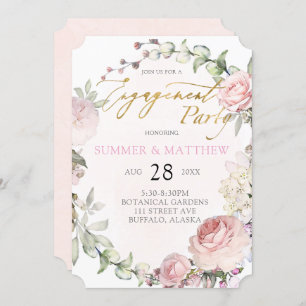 Spring Pink Roses Peony Gold Foil Engagement Party Invitation