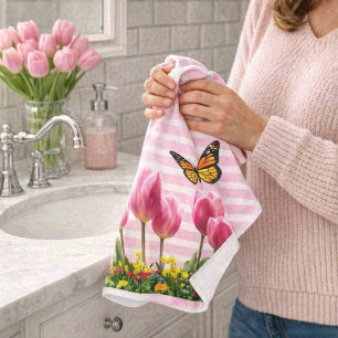 Spring Pink Tulip Flowers  Hand Towel