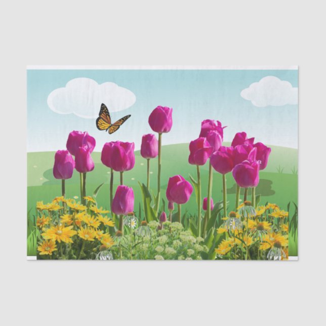 Spring Pink Tulips and Butterfly Decoupage  Tissue Paper (Front)