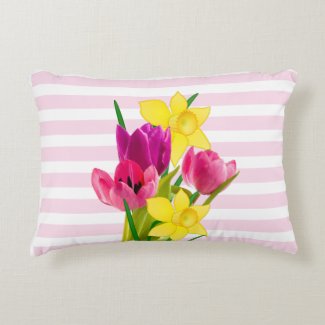 Spring Pink Tulips and Daffodils Accent Pillow