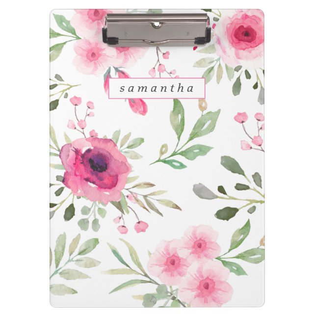 Spring Pink Watercolor Floral Personalized Clipboard (Front)