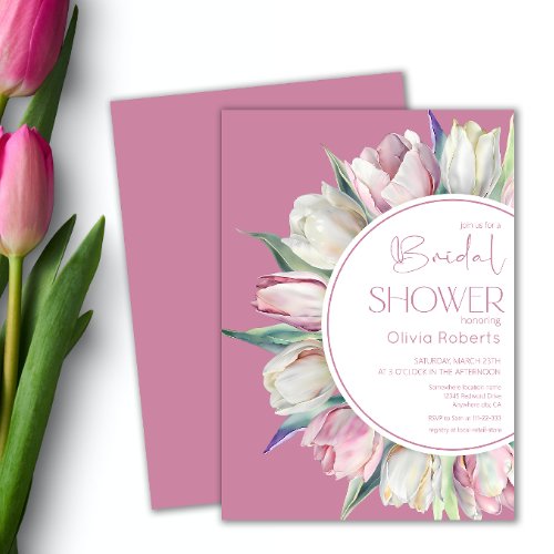 Spring pink white tulips Bridal shower Invitation