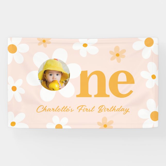 Spring Pink Yellow Daisy 1st Birthday Photo  Banner (Horizontal)