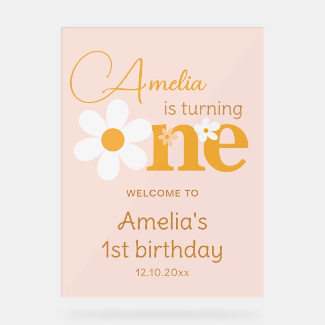 Spring Pink Yellow Daisy 1st Birthday Welcome Acrylic Sign (Front)