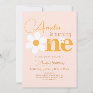 Spring Pink Yellow Daisy Photo 1st Birthday Party Invitation