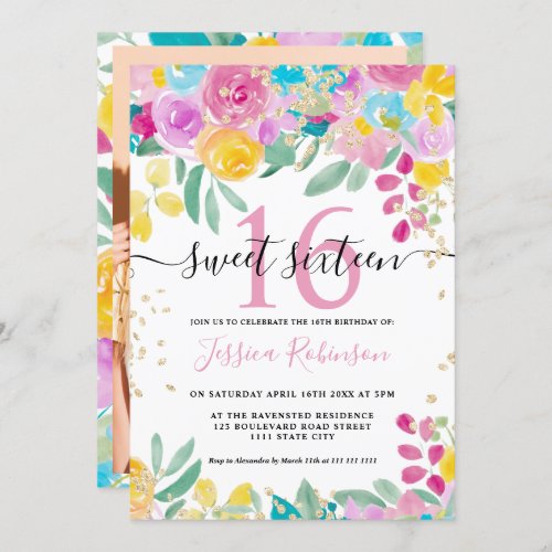 Spring pink yellow floral gold script Sweet 16 Invitation