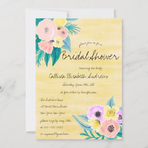 Spring Pink Yellow Floral Watercolor Bridal Shower Invitation