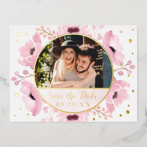 Spring Pinks Watercolor Floral Save The Date Real Foil Invitation Postcard