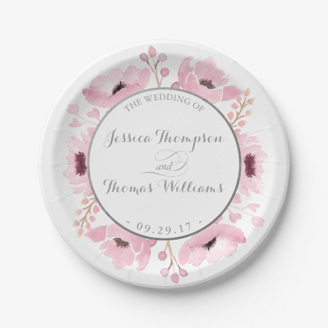 Spring Pinks Watercolor Floral Wedding Collection Paper Plates (Front)