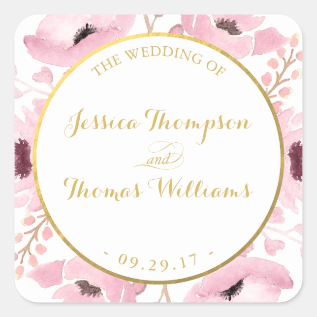 Spring Pinks Watercolor Floral Wedding Collection Square Sticker (Front)