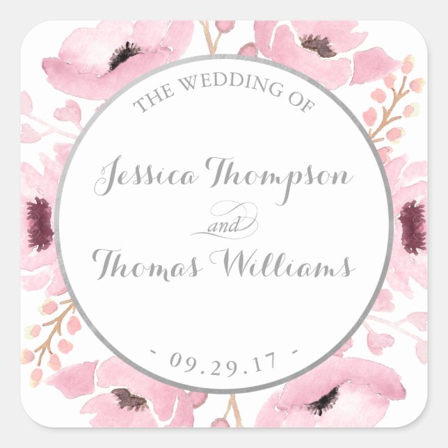 Spring Pinks Watercolor Floral Wedding Collection Square Sticker (Front)