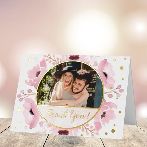 Spring Pinks Watercolor Floral Wedding Thank You Foil Greeting Card