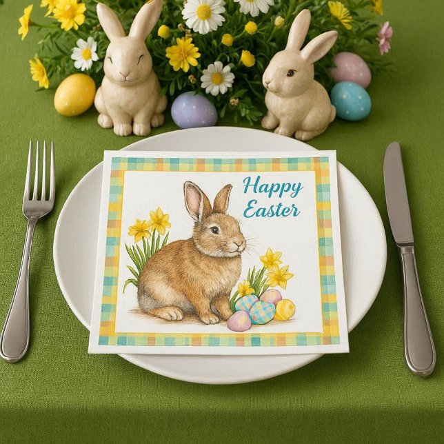 Spring Plaid with Easter Bunny  Napkins (Elevate your Easter table setting with our spring plaid bunny paper napkins. )
